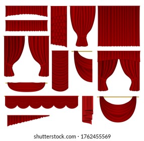 Cortinas rojas. Colección vectorial aislada realista de terciopelo textil de decoración drenaje de diseño. Lujosas cortinas rojas abiertas y cerradas decoración de escenario