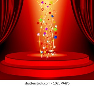 Red curtains and red marquee in the background bright with stars