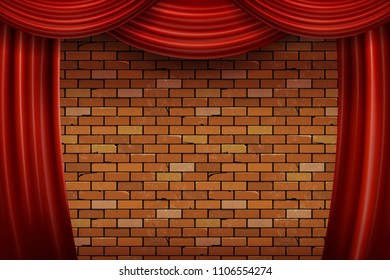 Red curtains on brick wall background. Vector illustration