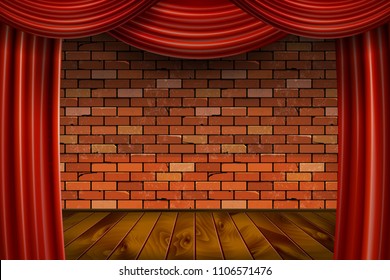 Red curtains on brick wall background. Vector illustration