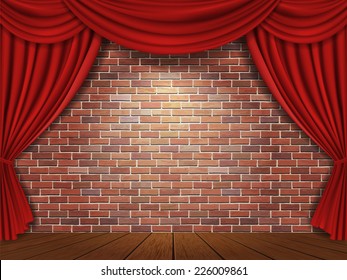 Red curtains on brick wall background