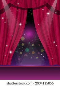 Red curtains on stage, circus or theater and cinema show vector background. Red curtains or velvet drapes with spotlight, opera or funfair carnival circus stage and cinema theater performance show