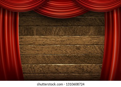 Red curtains on wooden background. Vector illustration