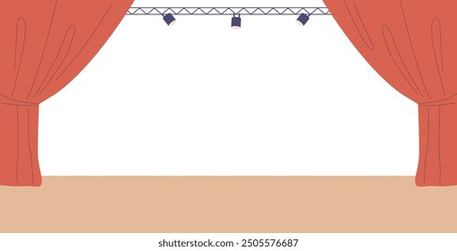 Red Curtains Opening On Stage With Spotlights And White Background Illustration Of Theater Or Concert Hall Performance