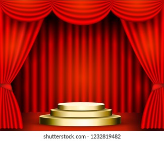 The red curtains are the porters of the theater stage, and the golden podium has three steps. Pedestal awards festive solemn background. vector stock illustration