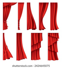 Red curtains realistic collection. Theater fabric silk decoration for movie cinema or opera hall. Curtains and draperies interior decoration object. Isolated on white for theater stage