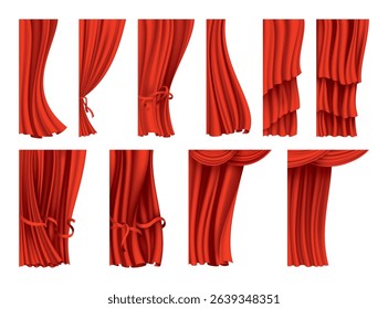 Red curtains realistic collection. Theater fabric silk decoration for movie cinema or opera hall. Curtains and draperies interior decoration object. Isolated on white for theater stage.
