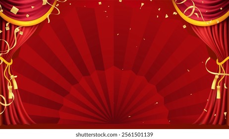 Red curtains realistic illustration.Theater fabric silk decoration for movie cinema or opera hall. Curtains and draperies interior decoration object for theater stage and new year chinese
