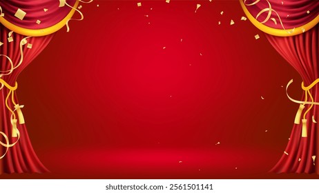 Red curtains realistic illustration.Theater fabric silk decoration for movie cinema or opera hall. Curtains and draperies interior decoration object for theater stage and new year chinese
