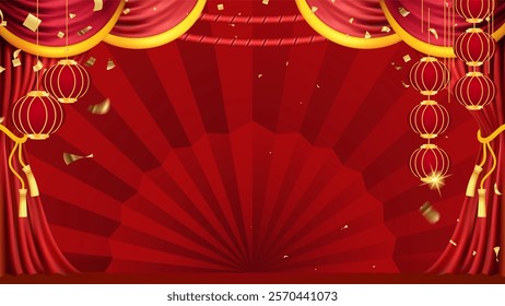 Red curtains realistic illustration.Theater fabric silk decoration for movie cinema or opera hall. Curtains and draperies interior decoration object for theater stage and new year chinese
