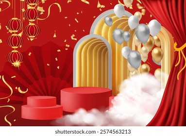 Red curtains realistic illustration.Theater fabric silk decoration for movie cinema or opera hall. Curtains and draperies interior decoration object for theater stage and new year chinese
