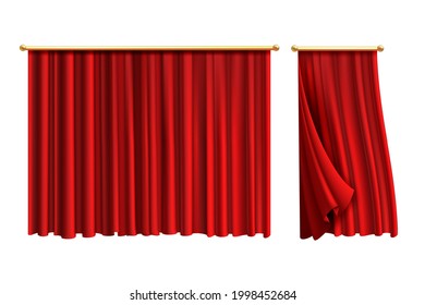 Red curtains. Realistic luxury curtain on golden decor, domestic fabric interior drapery. Silk or velvet scene decoration, theatre or circus portiere. Vector isolated on white 3d objects