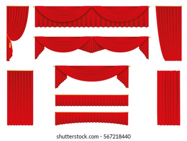 Red curtains, realistic set - stock vector.