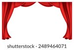 Red curtains realistic. Theater fabric silk decoration for movie cinema or opera hall. Curtains and draperies interior decoration object. Isolated on transparent for theater stage