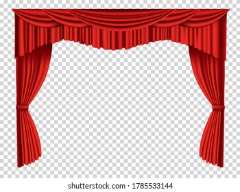 Red curtains realistic. Theater fabric silk decoration for movie cinema or opera hall. Curtains and draperies interior decoration object. Isolated on transparent for theater stage