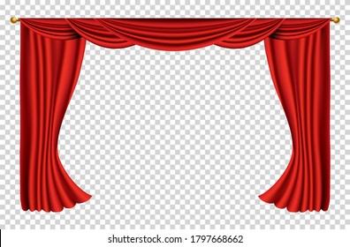 Las cortinas rojas son realistas. Decoración de seda de tejido teatral para cine o sala de ópera. Cortinas y cortinas objeto de decoración interior. Aislado sobre transparente para la escena de teatro