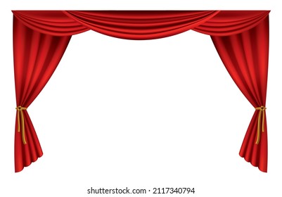 Red curtains realistic. Theater fabric silk decoration for movie cinema or opera hall. Luxury curtains and draperies interior decoration object. Isolated on white for theater stage