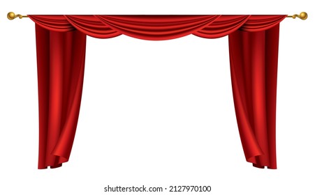 Red curtains realistic. Theater fabric silk decoration for movie cinema or opera hall. Luxury curtains and draperies interior decoration object. Isolated on white for theater stage