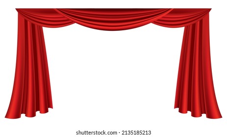 Red curtains realistic. Theater fabric silk decoration for movie cinema or opera hall. Luxury curtains and draperies interior decoration object. Isolated on white for theater stage