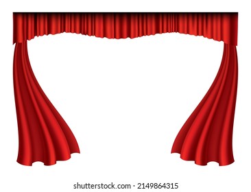 Red curtains realistic. Theater fabric silk decoration for movie cinema or opera hall. Luxury curtains and draperies interior decoration object. Isolated on white for theater stage