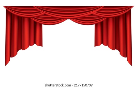 Red curtains realistic. Theater fabric silk decoration for movie cinema or opera hall. Luxury curtains and draperies interior decoration object. Isolated on white for theater stage