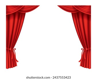 Red curtains realistic. Theater fabric silk decoration for movie cinema or opera hall. Curtains and draperies interior decoration object. Isolated on transparent for theater stage