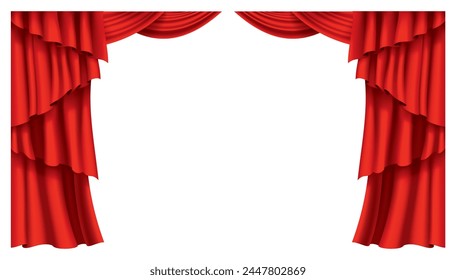 Red curtains realistic. Theater fabric silk decoration for movie cinema or opera hall. Curtains and draperies interior decoration object. Isolated on transparent for theater stage