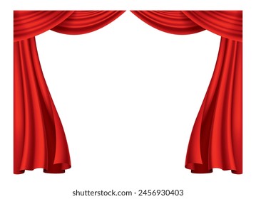 Red curtains realistic. Theater fabric silk decoration for movie cinema or opera hall. Curtains and draperies interior decoration object. Isolated on transparent for theater stage