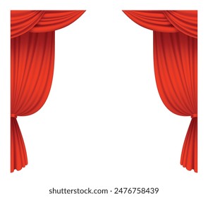 Red curtains realistic. Theater fabric silk decoration for movie cinema or opera hall. Curtains and draperies interior decoration object. Isolated on transparent for theater stage