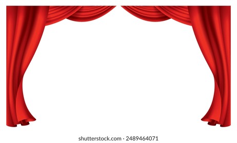 Red curtains realistic. Theater fabric silk decoration for movie cinema or opera hall. Curtains and draperies interior decoration object. Isolated on transparent for theater stage