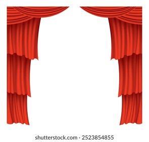 Red curtains realistic. Theater fabric silk decoration for movie cinema or opera hall. Curtains and draperies interior decoration object. Isolated on transparent for theater stage