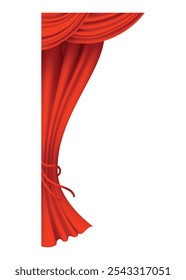 Red curtains realistic. Theater fabric silk decoration for movie cinema or opera hall. Curtains and draperies interior decoration object. Isolated on transparent for theater stage