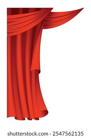 Red curtains realistic. Theater fabric silk decoration for movie cinema or opera hall. Curtains and draperies interior decoration object. Isolated on transparent for theater stage