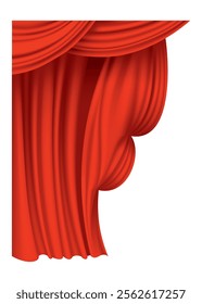 Red curtains realistic. Theater fabric silk decoration for movie cinema or opera hall. Curtains and draperies interior decoration object. Isolated on transparent for theater stage