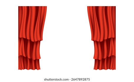 Cortinas vermelhas realistas. Tecido de teatro decoração de seda para cinema de cinema ou sala de ópera. Cortinas e cortinas objeto de decoração interior. Isolado em transparente para palco de teatro
