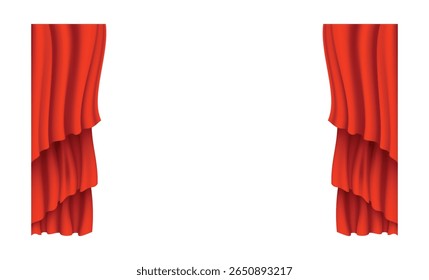 Red curtains realistic. Theater fabric silk decoration for movie cinema or opera hall. Curtains and draperies interior decoration object. Isolated on transparent for theater stage