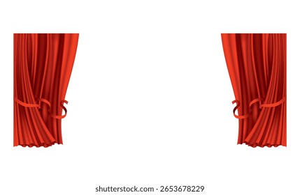 Cortinas vermelhas realistas. Tecido de teatro decoração de seda para cinema de cinema ou sala de ópera. Cortinas e cortinas objeto de decoração interior. Isolado em transparente para palco de teatro