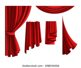 Red curtains. Realistic velvet drapery element. 3D classic scarlet textile cloth for windows and theatre stage. Luxury interior decor template. Vector isolated decorative fabric drapes set