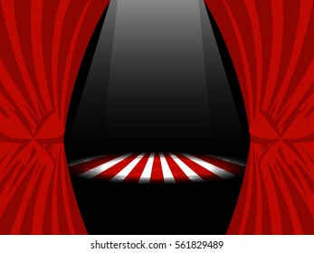 Red curtains with ribbons and lights on stage. Vector illustration