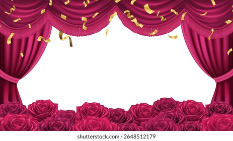 red curtains with red roses are opening for the anniversary and product launch of valuable items. 