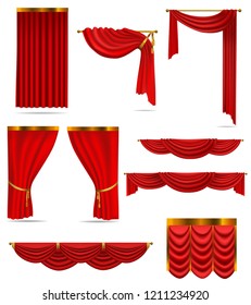 red curtains set, 3D, vector isolated on white background
