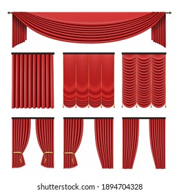 Red curtains set in classic style isolated on white background. Realistic 3d Luxury vector illustration.