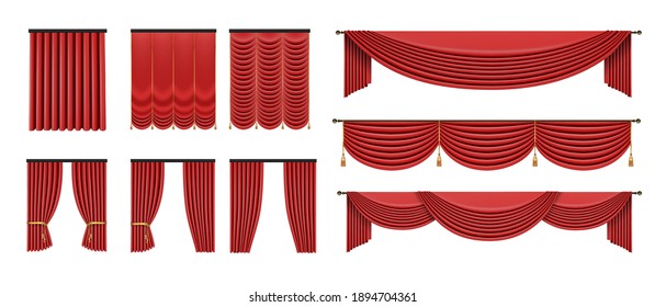 Cortinas rojas de estilo clásico aisladas de fondo blanco. Ilustración vectorial 3d de lujo realista.