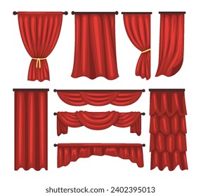 Red curtains Set Collection, Set realistic luxury curtain cornice decor domestic fabric interior drapery textile lambrequin, Luxury Theather red blind curtain stage. Vector illustration