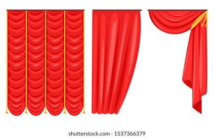 Red Curtains Set, Luxury Interior Drapery, Decoration Elements Vector Illustration
