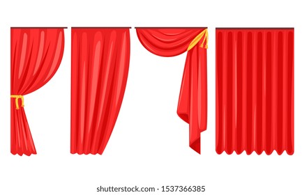 Red Curtains Set, Luxury Interior Drapery, Cornice Decor Vector Illustration