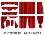 Red curtains. Set realistic luxury curtain cornice decor domestic fabric interior drapery textile lambrequin, vector illustration curtaine set