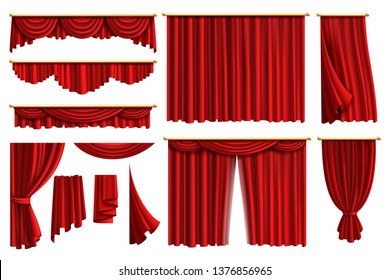 Cortinas rojas. Decoración lujosa y realista de cortina cornisa decoración tela interior escurrimiento textil lambrequina, ilustración vectorial conjunto curtaína