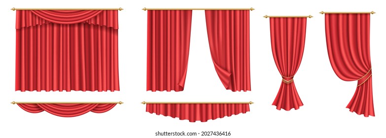 Red curtains. Set of realistic luxury curtain cornice decor fabric for interior drapery textile for event opening, ceremony, cinema or stage. 3d vector illustration