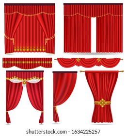 red curtains set, realistic vector illustration isolated on white background, luxury red silk and gold